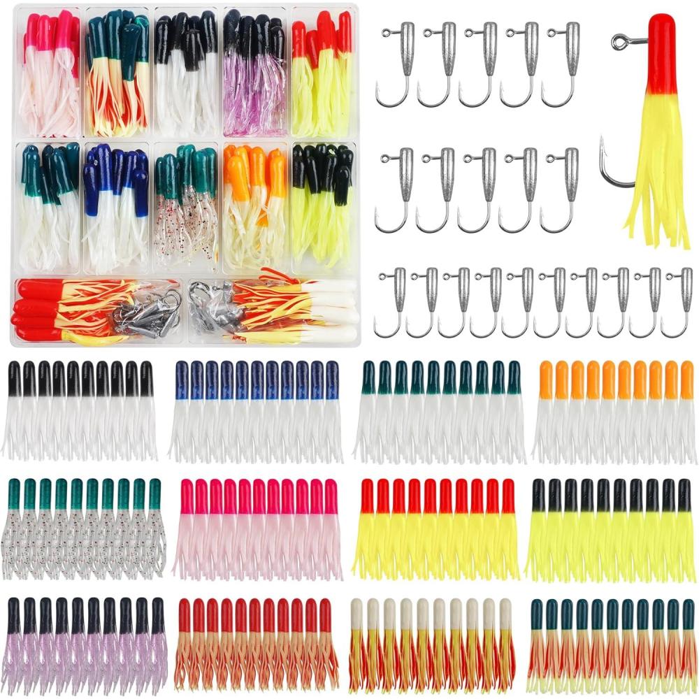 imageSoft Fishing Lures Jig Head Hooks Kit Crappie Jigs Lures Kit Mixed Curly Grub Lures Tube Baits Soft Plastic Swimbaits for Bass Trout Panfish Saltwater Freshwater Fishing140pcs