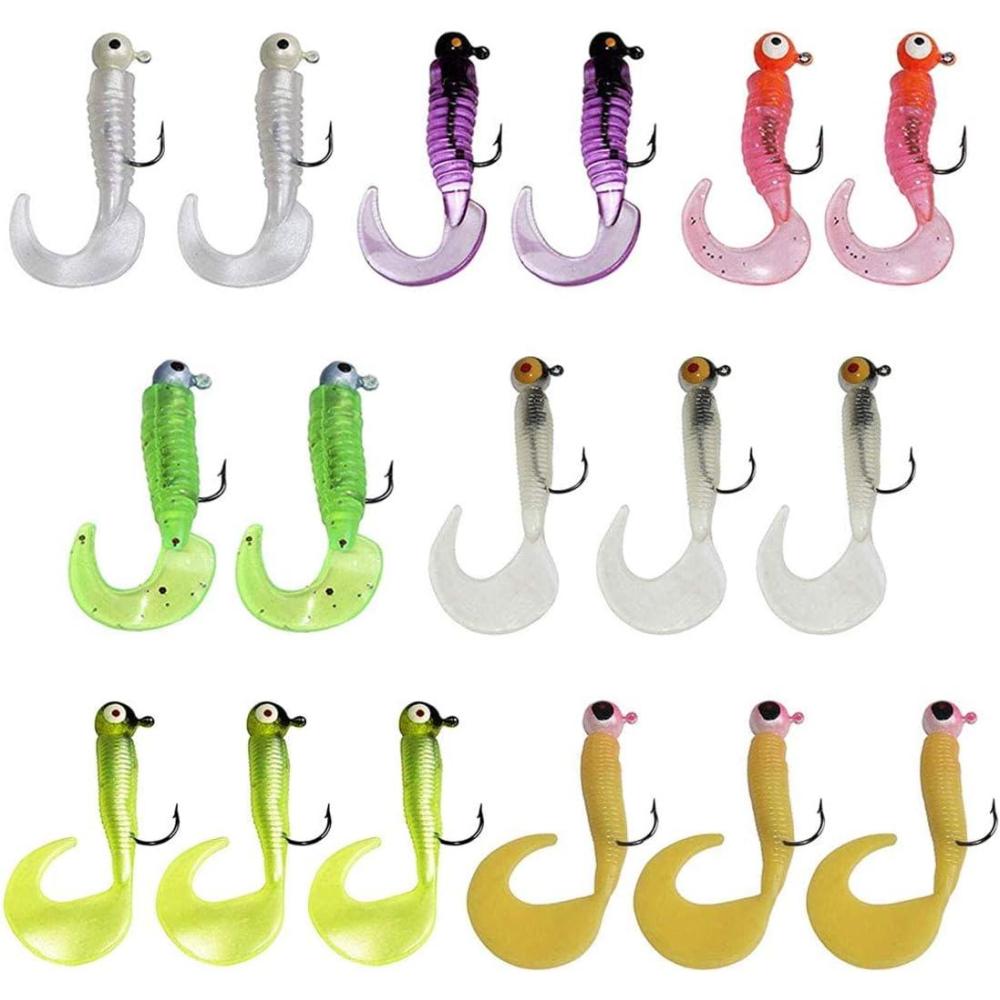 imageSoft Fishing Lures Jig Head Hooks Kit Crappie Jigs Lures Kit Mixed Curly Grub Lures Tube Baits Soft Plastic Swimbaits for Bass Trout Panfish Saltwater Freshwater Fishing17pcs