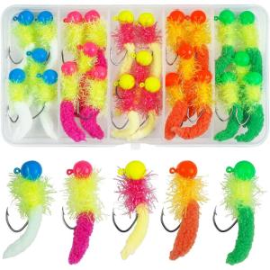 Crappie Jigs Fishing Lures Kit, 25pcs Marabou Jig Heads with Maggot Tail Marabou Feather Jigs for Bass Crappie Trout Panfish Sunfish Fishing 1/8oz