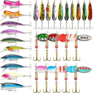 Fishing Lures Spinner Baits Kit, 30pcs Metal Spoon Lures Inline Spinnerbaits Mini Hard Baits for Bass Trout Walleye Crappie Freshwater Saltwater Fishing