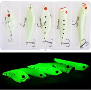 Glow Fishing Lures Kit Luminous VIB Popper Crank Minnow Pencil for Night Fishing Glow in The Dark Artificial Hard Baits with Treble Hook for Bass Trout Catfish Saltwater Freshwater