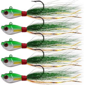 OROOTL Bucktail Jigs Saltwater Hair Jigs, 5 Pack Bucktail Lures Surf Fishing Jig Heads for Bass Flounder Striper Bluefish Halibut Redfish Saltwater Freshwater 1/4oz-2oz(Green/White)
