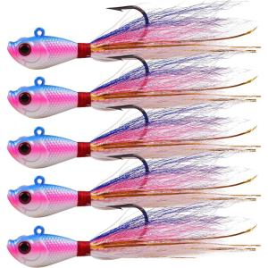 OROOTL Bucktail Jigs Saltwater Hair Jigs, 5 Pack Bucktail Lures Surf Fishing Jig Heads for Bass Flounder Striper Bluefish Halibut Redfish Saltwater Freshwater 1/4oz-2oz(Purple/Red)