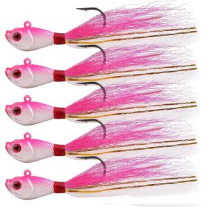 OROOTL Bucktail Jigs Saltwater Hair Jigs, 5 Pack Bucktail Lures Surf Fishing Jig Heads for Bass Flounder Striper Bluefish Halibut Redfish Saltwater Freshwater 1/4oz-2oz(Pink/White)