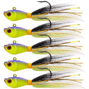 OROOTL Bucktail Jigs Saltwater Hair Jigs, 5 Pack Bucktail Lures Surf Fishing Jig Heads for Bass Flounder Striper Bluefish Halibut Redfish Saltwater Freshwater 1/4oz-2oz(Purple/Chartreuse)