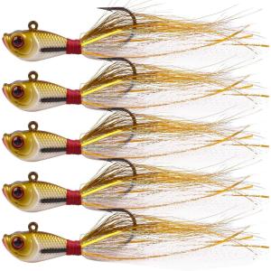 OROOTL Bucktail Jigs Saltwater Hair Jigs, 5 Pack Bucktail Lures Surf Fishing Jig Heads for Bass Flounder Striper Bluefish Halibut Redfish Saltwater Freshwater 1/4oz-2oz(Brown/White)