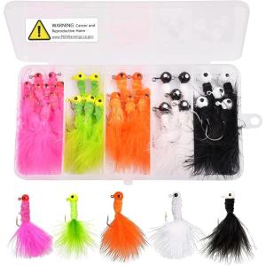 OROOTL Crappie Jigs Marabou Jig Kit, 30pcs Jig Heads with Feather Hand Tied Marabou Jigs Fishing Lures Hair Jigs for Panfish Sunfish Walleye Ice Fly Fishing 1/8oz 1/16oz 1/32oz