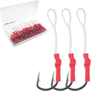 OROOTL Fishing Assist Hooks with PE Line, 60pcs Vertical Jig Hooks Saltwater Butterfly Assist Hooks Slow Pitch Jigging Hooks Stainless Steel Fishing Hooks for Trolling 1/0-10/0(60pcs-9/0)