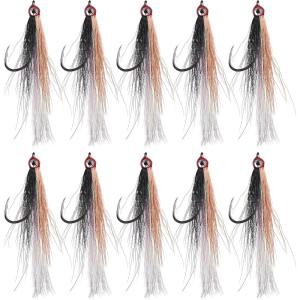 OROOTL Fishing Bucktail Teaser Hooks, 10pcs Saltwater Fishing Jigs Teaser Lures High Carbon Steel Hooks with Crystal Flash Feather Skirt for Flounder Salmon Trout Sea Bass Steelhead(Brown-With Eyes)