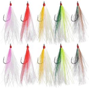 OROOTL Fishing Bucktail Teaser Hooks, 10pcs Saltwater Fishing Jigs Teaser Lures High Carbon Steel Hooks with Crystal Flash Feather Skirt for Flounder Salmon Trout Sea Bass Steelhead(Mix Colors-No Eyes)