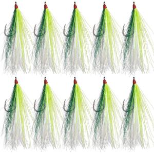 OROOTL Fishing Bucktail Teaser Hooks, 10pcs Saltwater Fishing Jigs Teaser Lures High Carbon Steel Hooks with Crystal Flash Feather Skirt for Flounder Salmon Trout Sea Bass Steelhead(Green-No Eyes)