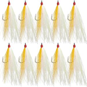 OROOTL Fishing Bucktail Teaser Hooks, 10pcs Saltwater Fishing Jigs Teaser Lures High Carbon Steel Hooks with Crystal Flash Feather Skirt for Flounder Salmon Trout Sea Bass Steelhead(Yellow-No Eyes)