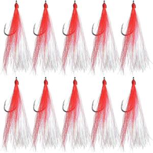 OROOTL Fishing Bucktail Teaser Hooks, 10pcs Saltwater Fishing Jigs Teaser Lures High Carbon Steel Hooks with Crystal Flash Feather Skirt for Flounder Salmon Trout Sea Bass Steelhead(Red-No Eyes)