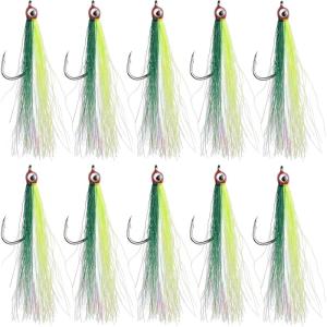 OROOTL Fishing Bucktail Teaser Hooks, 10pcs Saltwater Fishing Jigs Teaser Lures High Carbon Steel Hooks with Crystal Flash Feather Skirt for Flounder Salmon Trout Sea Bass Steelhead(Green-With Eyes)