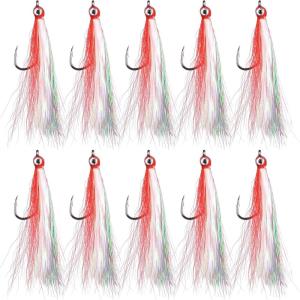 OROOTL Fishing Bucktail Teaser Hooks, 10pcs Saltwater Fishing Jigs Teaser Lures High Carbon Steel Hooks with Crystal Flash Feather Skirt for Flounder Salmon Trout Sea Bass Steelhead(Red-With Eyes)