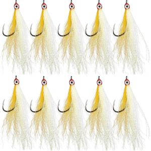 OROOTL Fishing Bucktail Teaser Hooks, 10pcs Saltwater Fishing Jigs Teaser Lures High Carbon Steel Hooks with Crystal Flash Feather Skirt for Flounder Salmon Trout Sea Bass Steelhead(Yellow-With Eyes)
