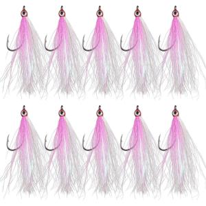 OROOTL Fishing Bucktail Teaser Hooks, 10pcs Saltwater Fishing Jigs Teaser Lures High Carbon Steel Hooks with Crystal Flash Feather Skirt for Flounder Salmon Trout Sea Bass Steelhead(Pink-With Eyes)