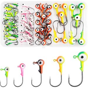 OROOTL Fishing Jig Heads Kit, 65pcs Round Jig Heads Hooks Set Assorted Painted Fishing Jigs Head for Walleye Crappie Bass Saltwater Freshwater Fishing(2-colors (65pcs))