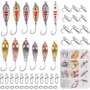 OROOTL Fishing Spoon Metal Lures Kit, Trolling Spoon Lures with Single Hook Treble Hooks Fishing Swivels Snaps Little Fishing Spoon Lure Micro Spinner Bait for Trout Salmon Bass Perch Crappie Walleye