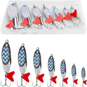OROOTL Fishing Spoons Lures, 5pcs Metal Spoon Fishing Lures with Feathered Treble Hooks 3/16oz-1oz Jigging Spoons Bait for Bass Trout Pike Walleye Saltwater Freshwater(Mix-7pcs)