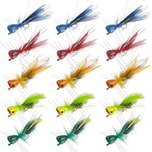 OROOTL Fly Fishing Popper Flies Kit Colorful Fly Fishing Flies Popper Lures Foam Float Popping Bugs Lures Accessories for Trout Panfish Bluegill Bass Sunfish Salmon(Mix-15pcs)