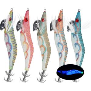 OROOTL Squid Jig Saltwater Fishing Lures, 5pcs Saltwater Glow Squid Jig Hooks Hard Bait Luminous UV Shrimp Prawn Lures Fluorescent Cuttlefish Sleeve Squid Jigs Kit for Cuttlefish Octopus Fishing(2.5#-5pcs)