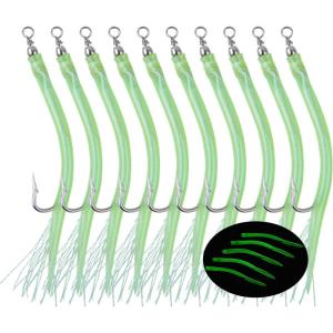 OROOTL Striped Bass Tube Lures, 10pcs Classic Striped Bass Lures Saltwater Fishing Trolling Lure Rig Glow Tube Teaser with Stainless Steel Hook Barrel Swivel for Offshore Big Game Fishing(Green(Glow))
