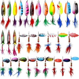Rooster Bait Tail Fishing Lures Kit, 30pcs Spinner Baits Trout Lures Kit Metal Spoons with Feathered Treble Hooks Inline Spinnerbaits for Bass Trout Walleye Freshwater Saltwater