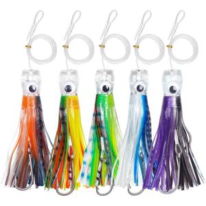 Saltwater Fishing Lures 6/9inch Trolling Lures for Marlin Mahi Tuna Dolphin Shark Big Game Deep Sea Fishing Baits Squid Skirts Rigged Hooks Ocean Gear Tackle(Mix Colors-5pcs)