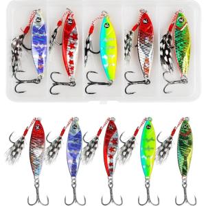 Saltwater Jigs Fishing Lures Kit Jigging Spoon Metal Lures Slow Pitch Vertical Jigs with Assist Hooks Inshore Hard Lures Spinners Jigging Blade Bait for Sea Fishing Tuna Salmon Grouper Bass(3/8oz(10g)-5pcs)