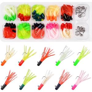 Soft Fishing Lures Jig Head Hooks Kit, Crappie Jigs Lures Kit Mixed Curly Grub Lures Tube Baits Soft Plastic Swimbaits for Bass Trout Panfish Saltwater Freshwater Fishing(110pcs)