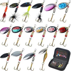 Spinnerbaits Fishing Lures Kit, 16pcs Inline Spinner Baits Kit with Bag for Bass Trout Salmon Walleye Rooster Feather Tail Spoon Lures Hard Metal Spinnerbait Fishing Tackle