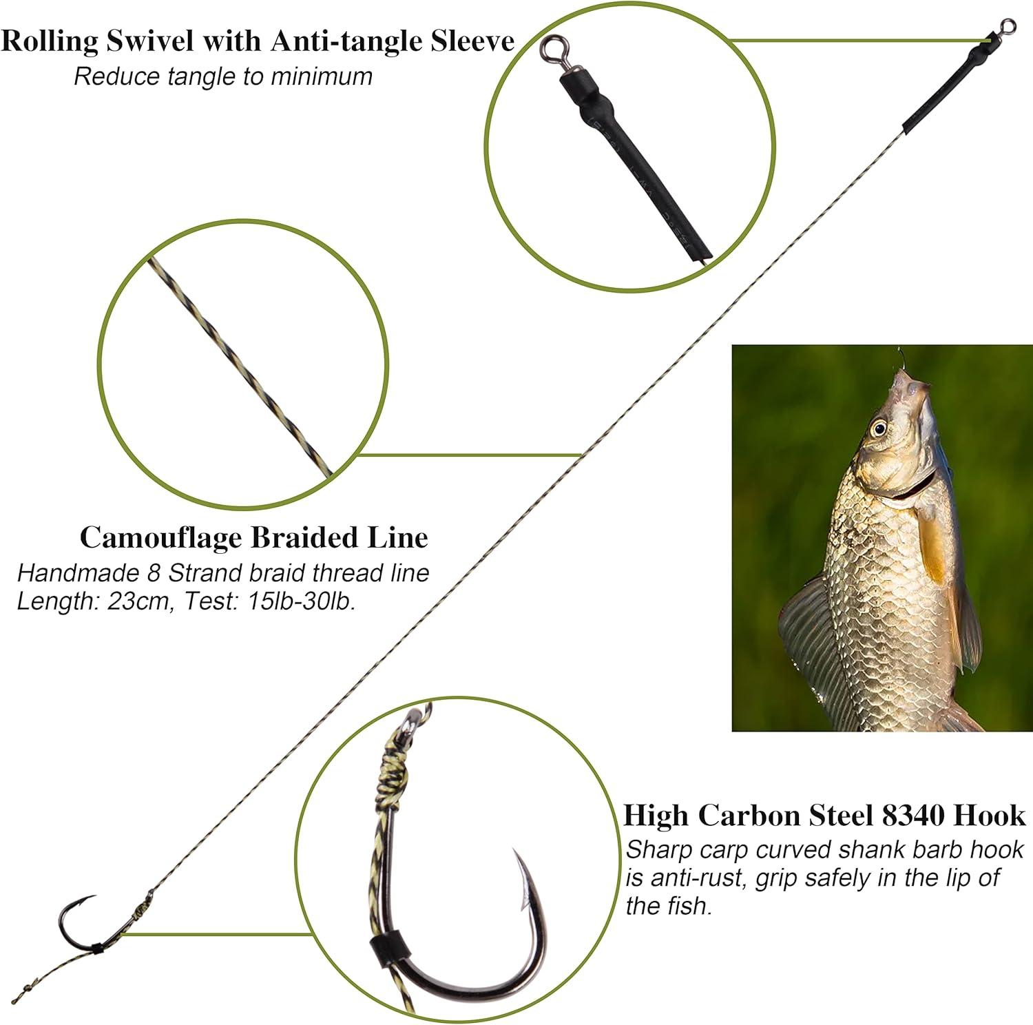 imageCarp Fishing Hair Rigs Kit 18pcs High Carbon Steel Hook Rolling Swivel Boilies Carp Fishing Rigs with 2 Card Boilie Bait Stops 4 Sizes Stringer Needles 30pcs Soft Corn Baits