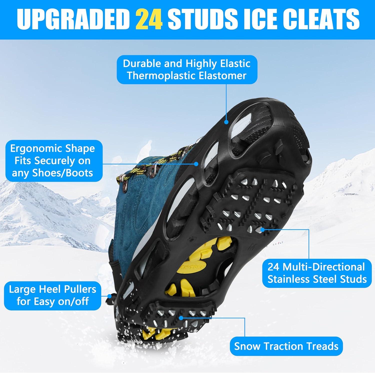 imageIce Cleats Crampons for Shoes and Boots Anti Slip Snow Cleats Ice Shoes Grippers 24 Studs Crampons for Hiking Boots Women Men Ice Fishing Winter Walking JoggingMedium 557 men7585 women