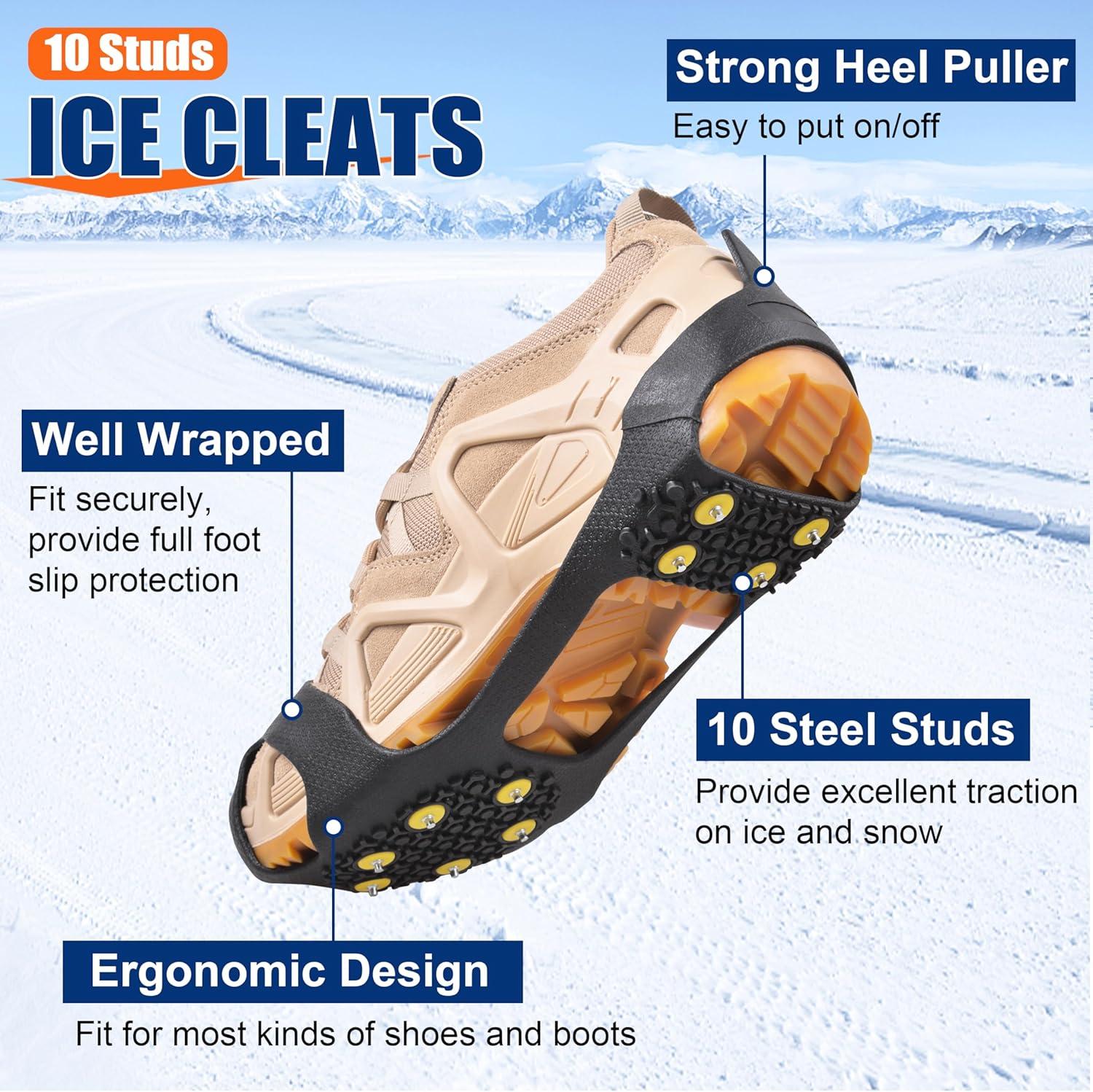 imageIce Cleats for Shoes and Boots Ice Snow Grippers AntiSlip Crampons 10 Studs Traction Cleat for Women Men Kids Hiking Fishing Walking Running JoggingL Men795Women8511