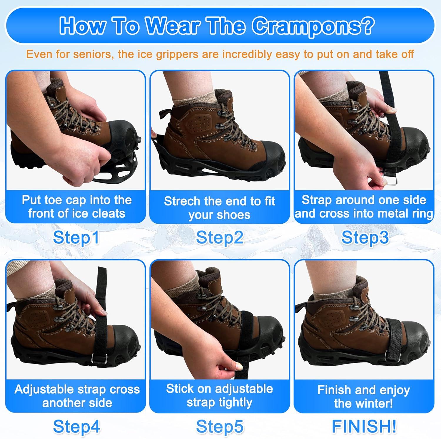 imageIce Cleats for Shoes and Boots Non Slip Crampons Ice Shoes Grippers 28 Studs Snow Cleats for Women Men Ice ampamp Snow Cleats with Adjustable Straps for Winter Hiking Walking Ice FishingMedium 557 men785 women