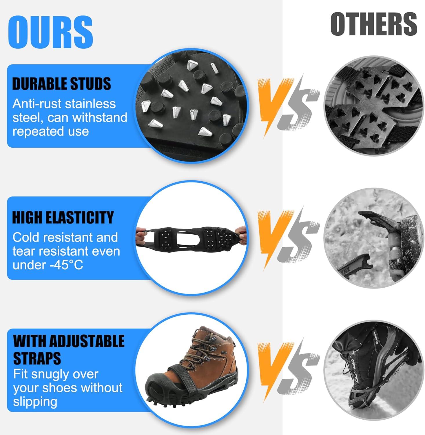 imageIce Cleats for Shoes and Boots Non Slip Crampons Ice Shoes Grippers 28 Studs Snow Cleats for Women Men Ice ampamp Snow Cleats with Adjustable Straps for Winter Hiking Walking Ice FishingMedium 557 men785 women