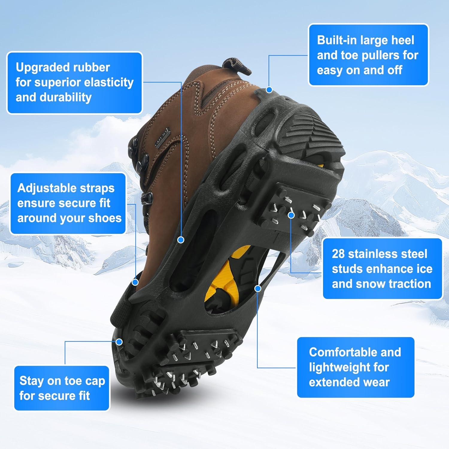 imageIce Cleats for Shoes and Boots Non Slip Crampons Ice Shoes Grippers 28 Studs Snow Cleats for Women Men Ice ampamp Snow Cleats with Adjustable Straps for Winter Hiking Walking Ice FishingMedium 557 men785 women
