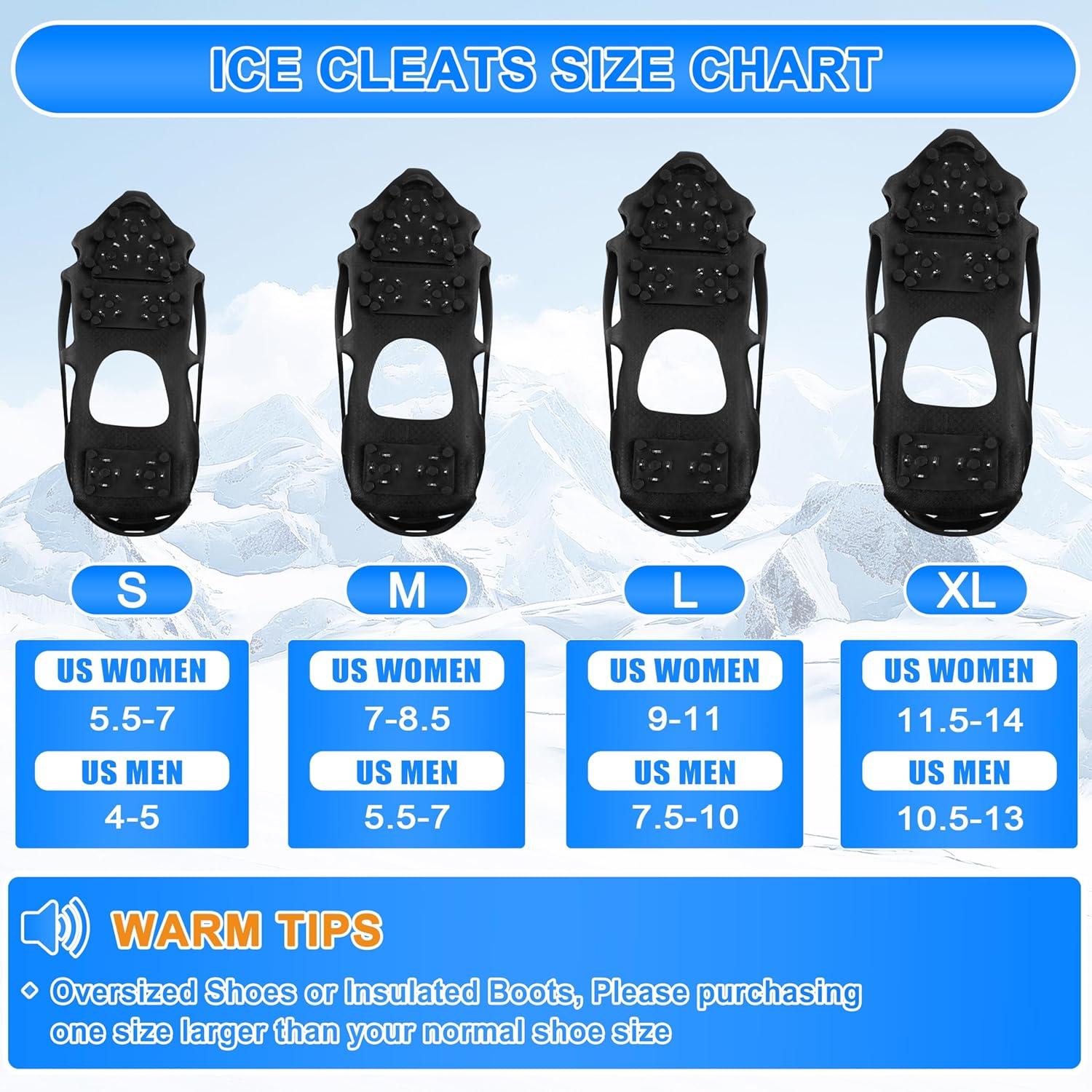 imageIce Cleats for Shoes and Boots Non Slip Crampons Ice Shoes Grippers 28 Studs Snow Cleats for Women Men Ice ampamp Snow Cleats with Adjustable Straps for Winter Hiking Walking Ice FishingMedium 557 men785 women