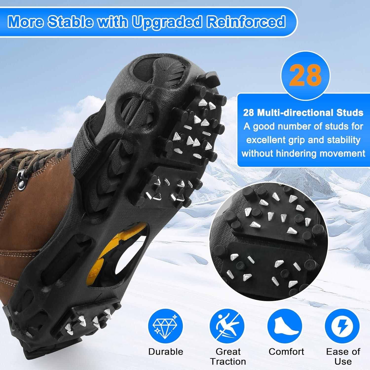 imageIce Cleats for Shoes and Boots Non Slip Crampons Ice Shoes Grippers 28 Studs Snow Cleats for Women Men Ice ampamp Snow Cleats with Adjustable Straps for Winter Hiking Walking Ice FishingMedium 557 men785 women