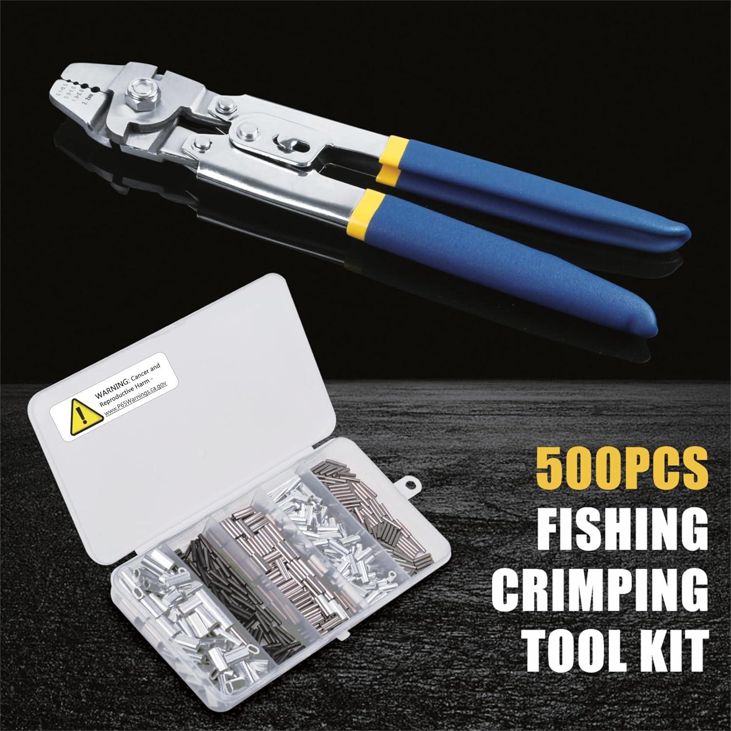 imageOROOTL Fishing Crimping Tool Fishing Line Crimping Kit Stainless Steel Fishing Crimping Pliers with 500pcs Fishing Crimp Sleeves Set Wire Rope Crimping Tool 4 Crimping Sizes