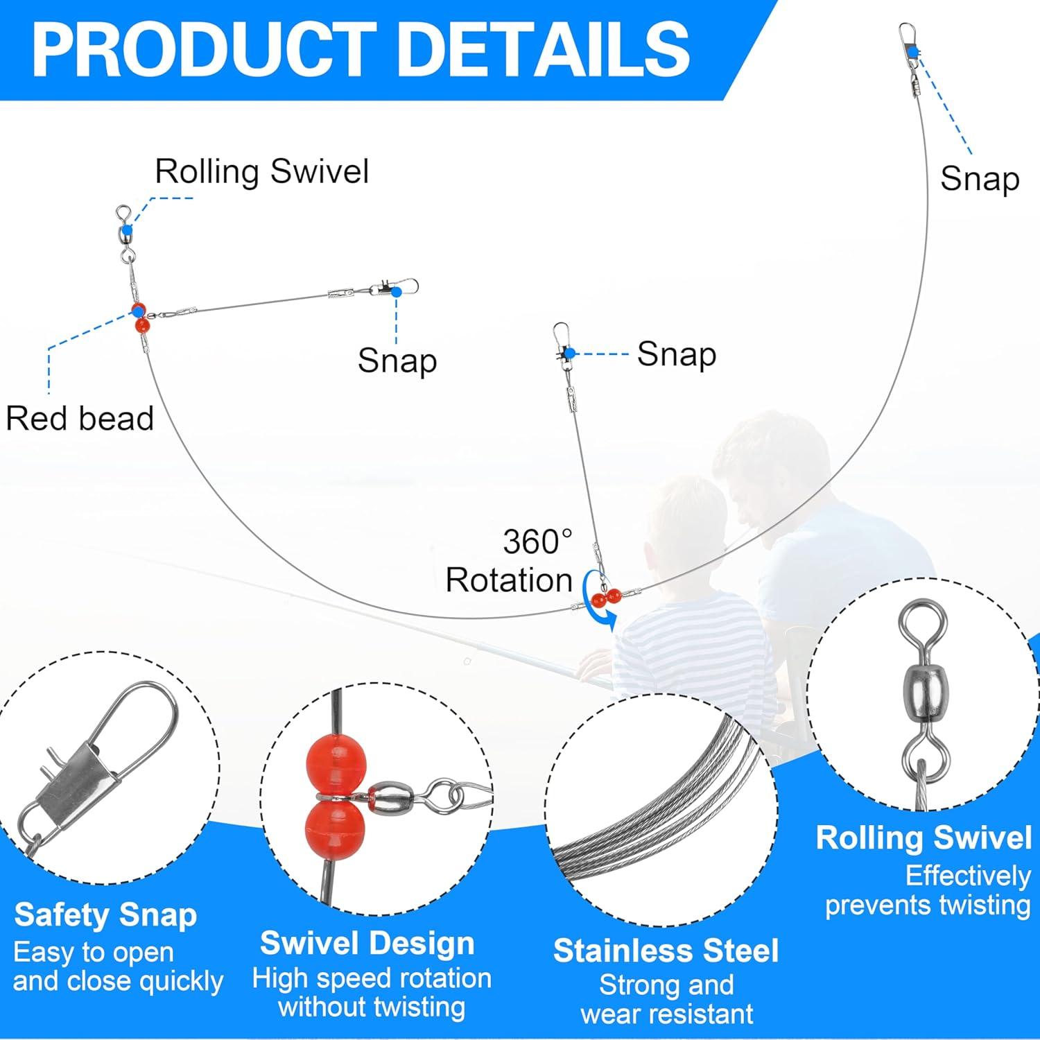 imageOROOTL Fishing Leaders 12pcs Stainless Steel Wire Leaders with Swivels Snaps Beads High Strength Leader Line Rigs for Saltwater Freshwater Surf Bottom Fishing244In with 2 Arms 12pcs