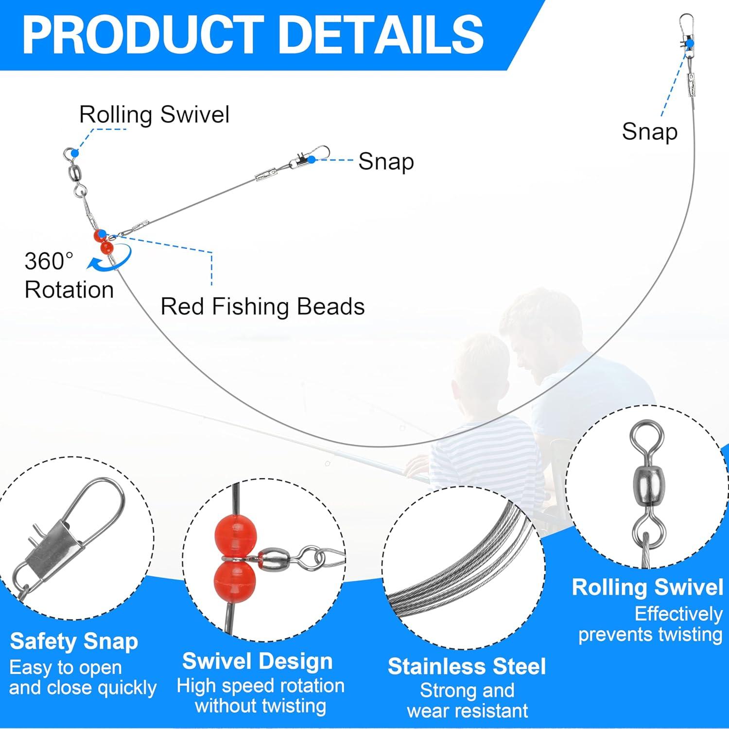 imageOROOTL Fishing Leaders 12pcs Stainless Steel Wire Leaders with Swivels Snaps Beads High Strength Leader Line Rigs for Saltwater Freshwater Surf Bottom Fishing22In with 1 Arm 12pcs