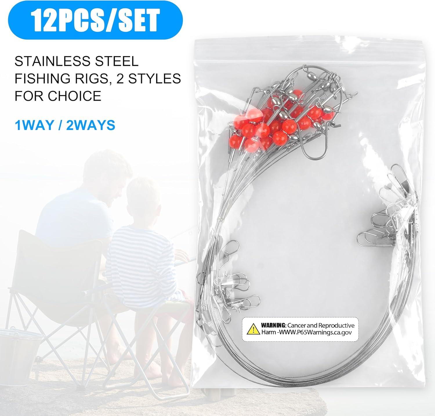 imageOROOTL Fishing Leaders 12pcs Stainless Steel Wire Leaders with Swivels Snaps Beads High Strength Leader Line Rigs for Saltwater Freshwater Surf Bottom Fishing22In with 1 Arm 12pcs