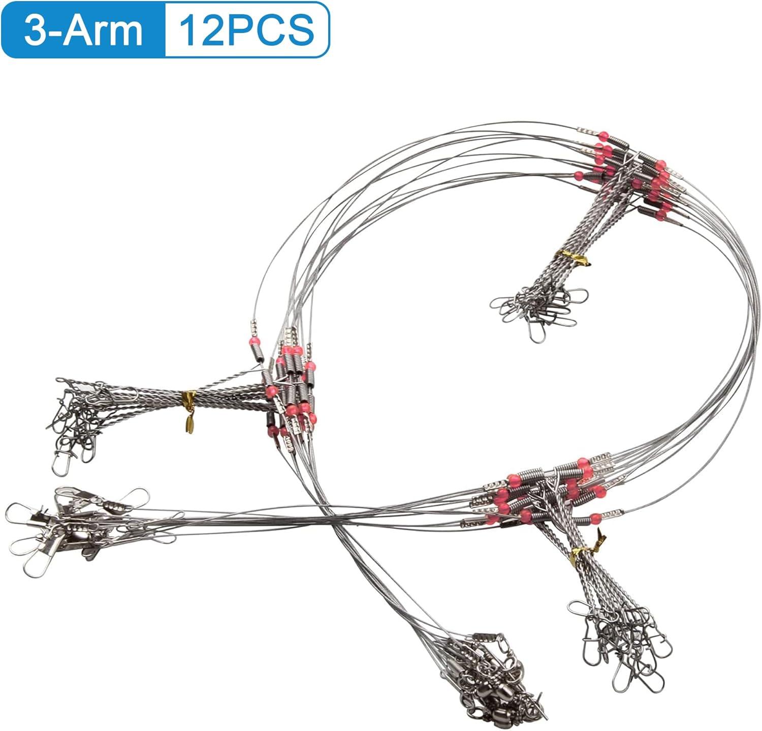 imageOROOTL Fishing Leaders for Saltwater Freshwater 12pcs Stainless Steel Leaders with Swivels Snaps Beads Wire Trace Leader for Lure Bait Hook Connector Fishing Line TackleSilver3 Arm12pcs