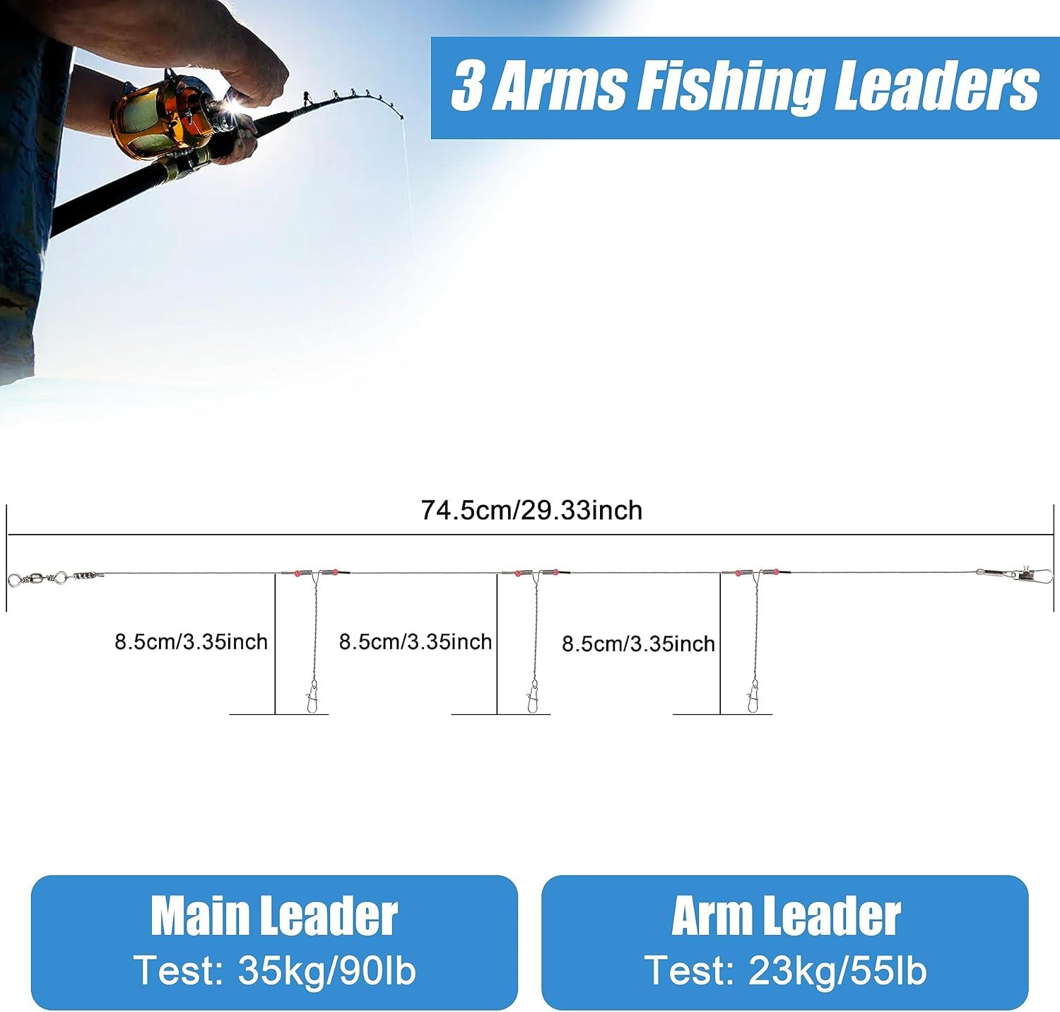 imageOROOTL Fishing Leaders for Saltwater Freshwater 12pcs Stainless Steel Leaders with Swivels Snaps Beads Wire Trace Leader for Lure Bait Hook Connector Fishing Line TackleSilver3 Arm12pcs