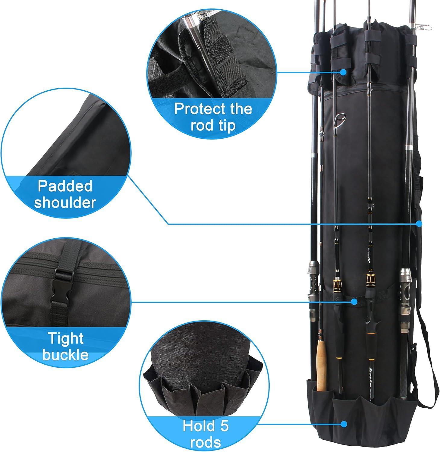 imageOROOTL Fishing Rod Bag Portable Fishing Pole Storage Backpack Foldable Rod and Reel Travel Case Hold 5 Poles Carry Organizer Fishing Accessories Fisherman GiftsBlack