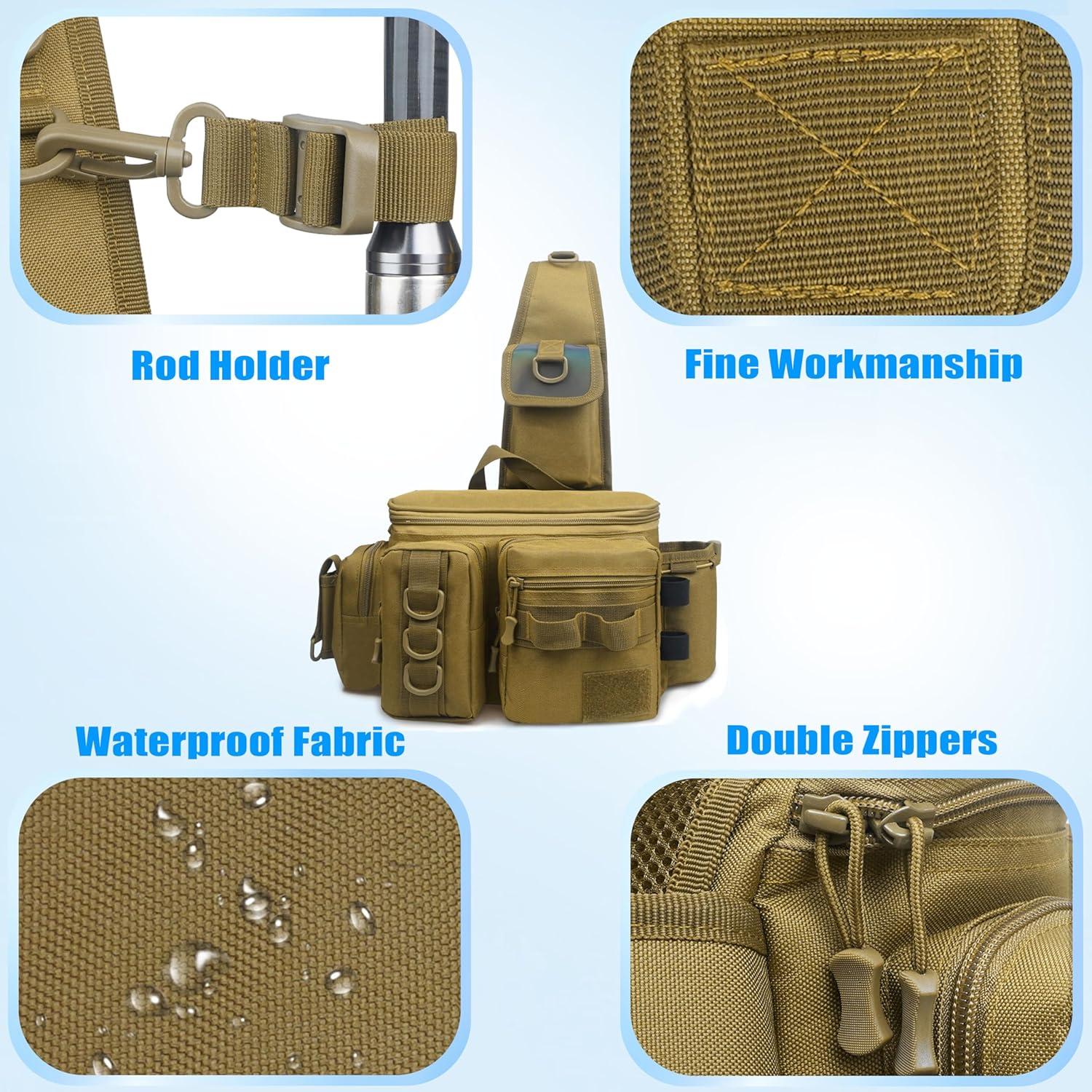 imageOROOTL Fishing Sling Bag with Rod Holder Portable Fishing Backpack Lightweight Fishing Fanny Pack Waterproof Crossbody Fishing Gear Storage Bag for Men Women Gift