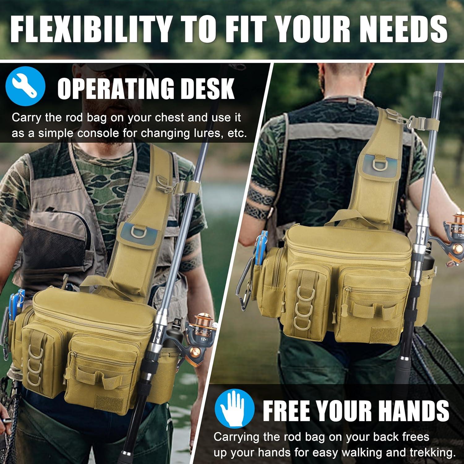 imageOROOTL Fishing Sling Bag with Rod Holder Portable Fishing Backpack Lightweight Fishing Fanny Pack Waterproof Crossbody Fishing Gear Storage Bag for Men Women Gift