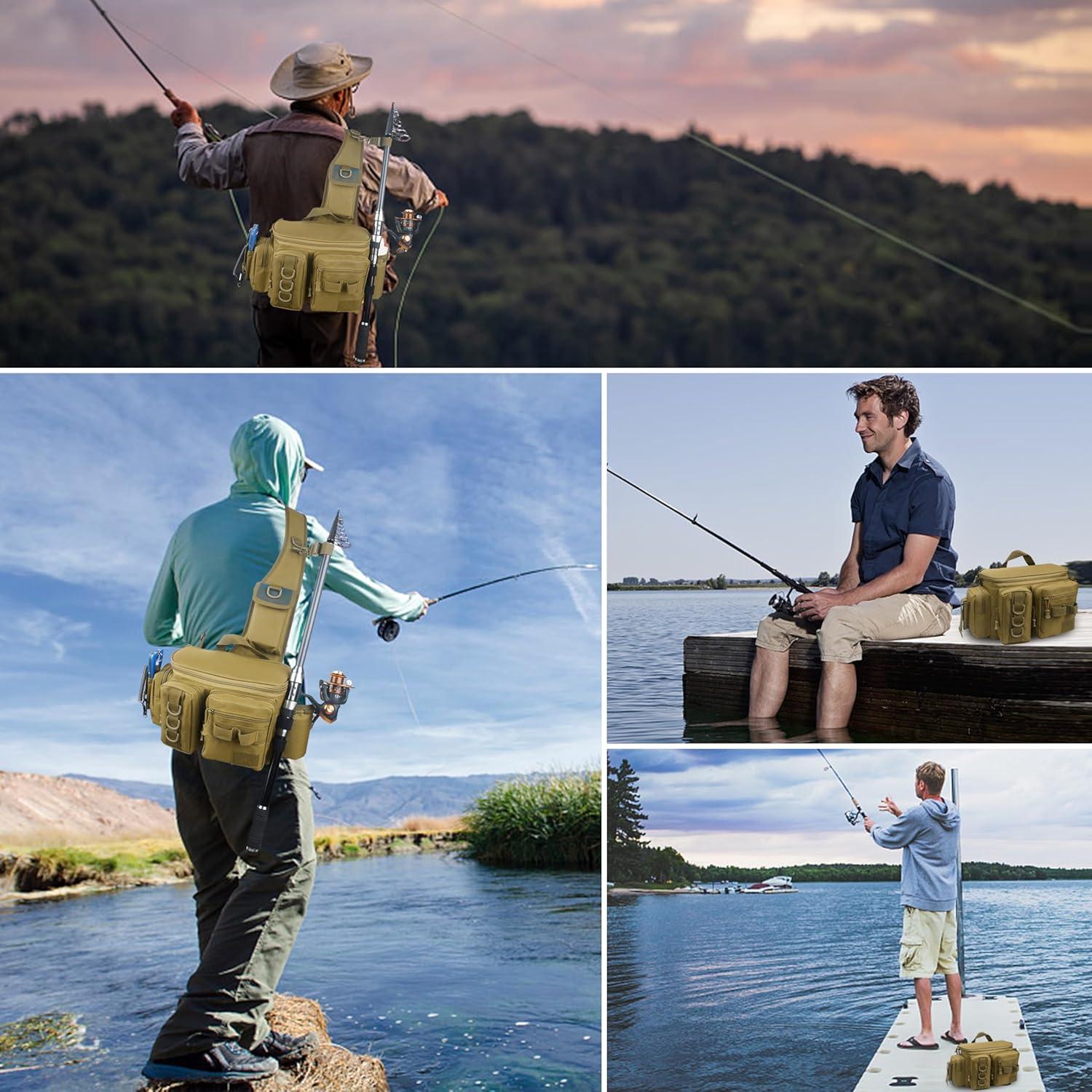 imageOROOTL Fishing Sling Bag with Rod Holder Portable Fishing Backpack Lightweight Fishing Fanny Pack Waterproof Crossbody Fishing Gear Storage Bag for Men Women Gift